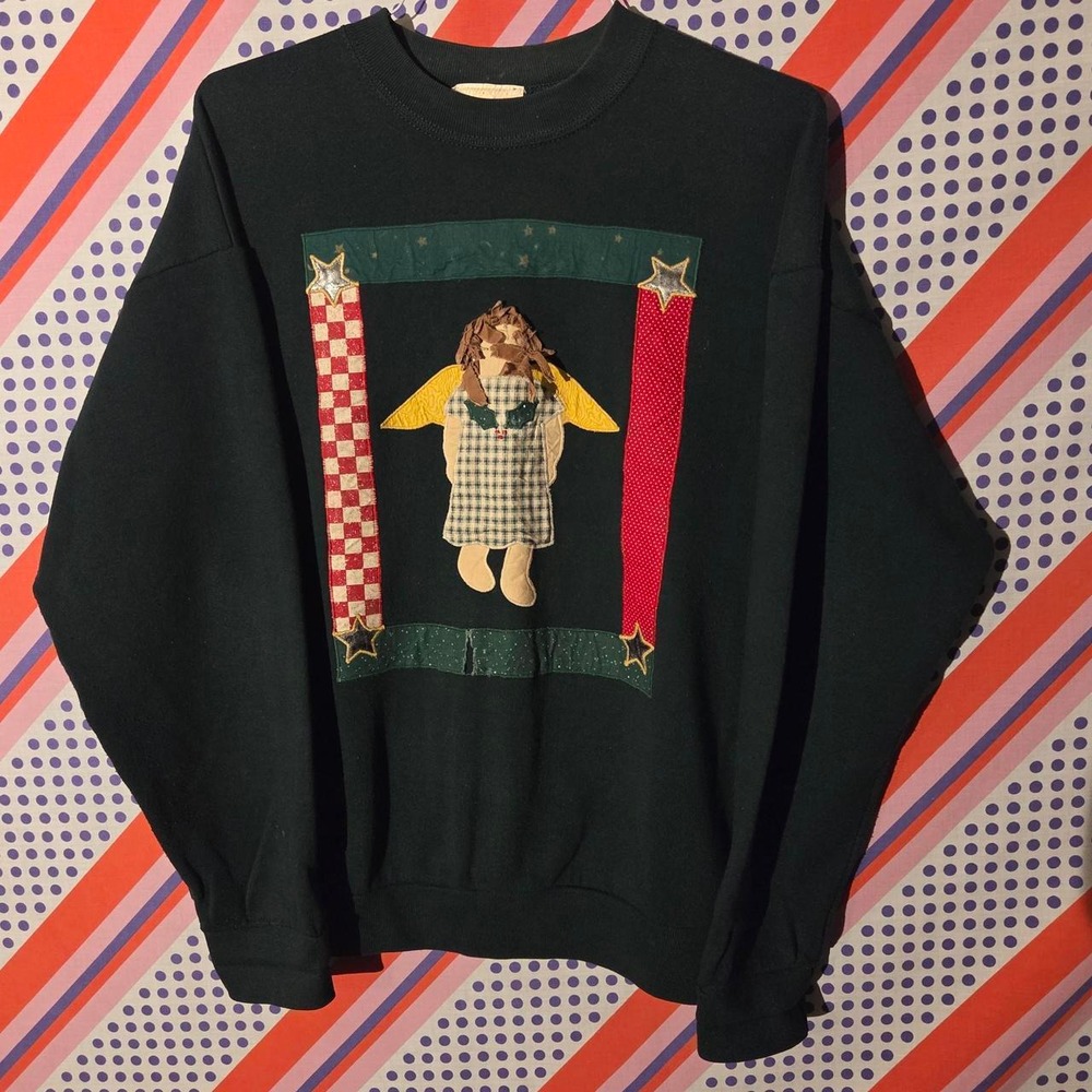 Vintage 90s Fruit of the Loom Patchwork Angel Sweatshirt XL Green Holiday Granny